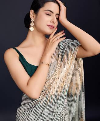 cream Embellished georgette saree with unstitched blouse 1