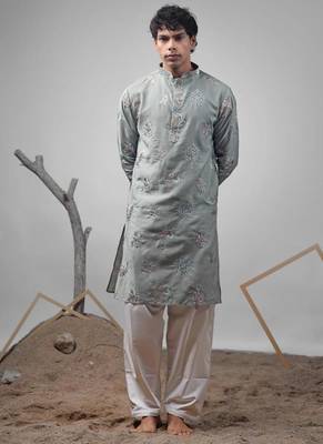 Pastel green work silk blend embroidered kurta 1