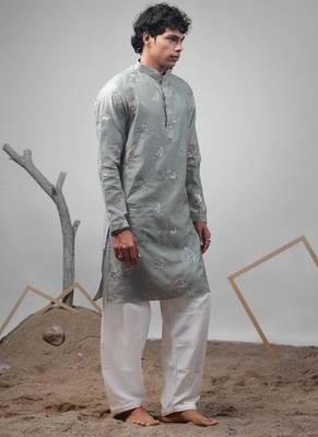 Pastel green work silk blend embroidered kurta 2