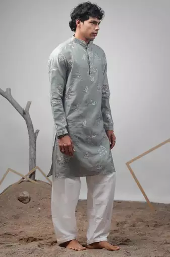 Pastel green work silk blend embroidered kurta