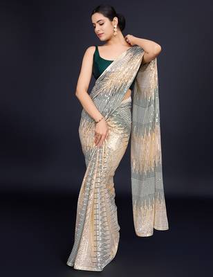 cream Embellished georgette saree with unstitched blouse 2