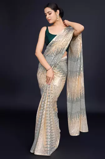 cream Embellished georgette saree with unstitched blouse