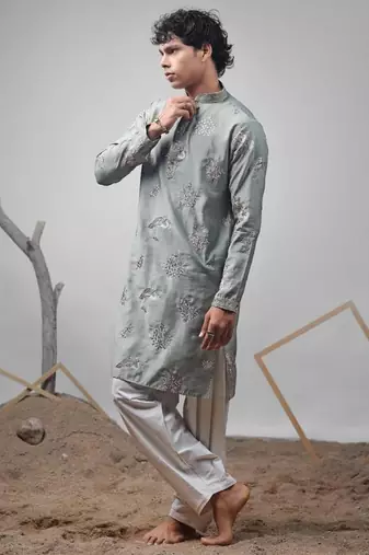 Pastel green work silk blend embroidered kurta
