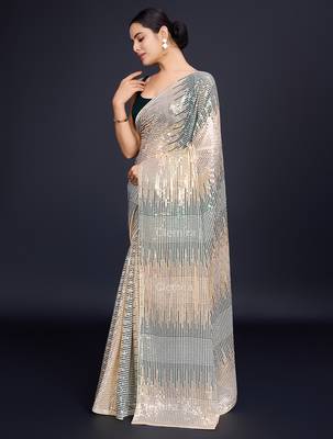cream Embellished georgette saree with unstitched blouse 3