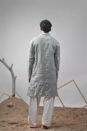 Pastel green work silk blend embroidered kurta