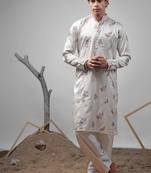 Off white work silk blend embroidered kurta