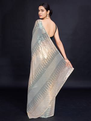 cream Embellished georgette saree with unstitched blouse 4