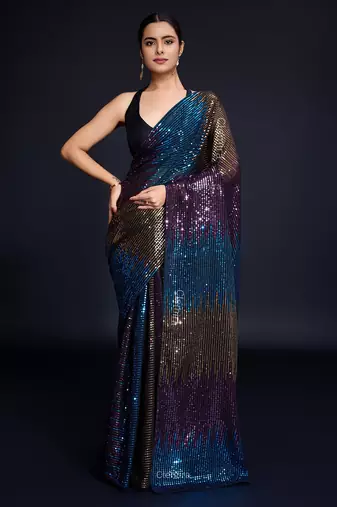 black Embellished georgette saree with unstitched blouse