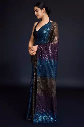 black Embellished georgette saree with unstitched blouse