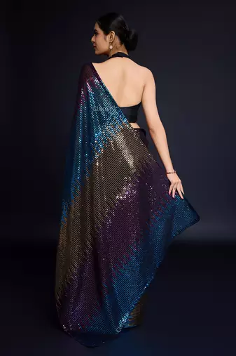 black Embellished georgette saree with unstitched blouse