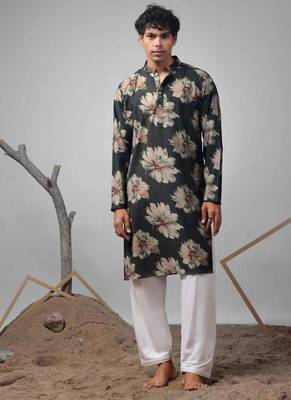 Dark green work muslin print kurta 1