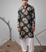 Dark green work muslin print kurta