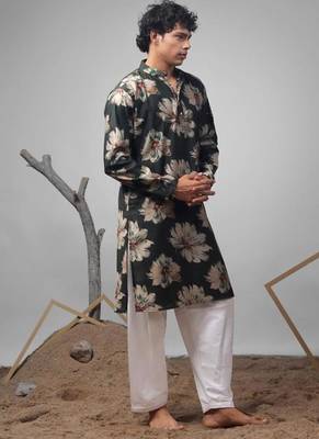 Dark green work muslin print kurta 2