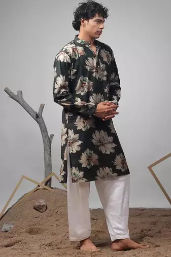 Dark green work muslin print kurta