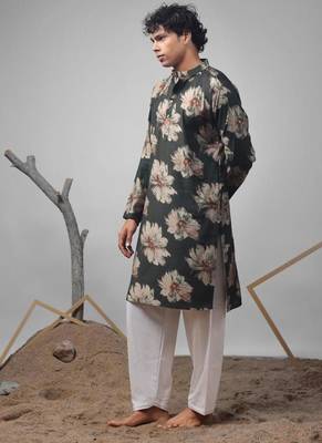Dark green work muslin print kurta 3