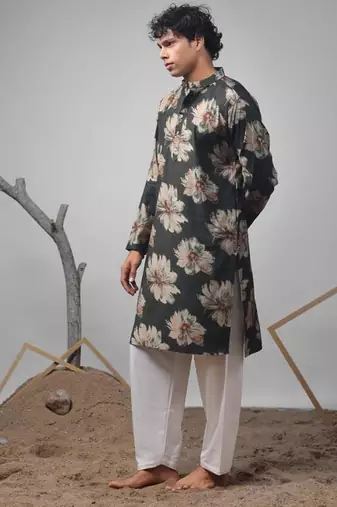 Dark green work muslin print kurta