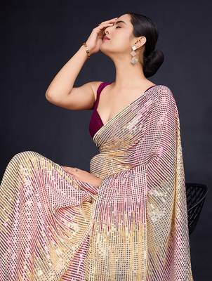 cream Embellished georgette saree with unstitched blouse 1