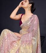 cream Embellished georgette saree with unstitched blouse