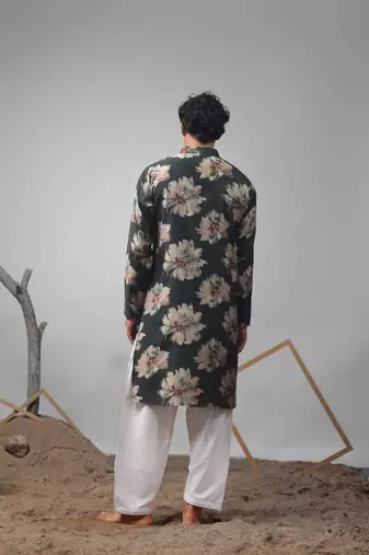 Dark green work muslin print kurta