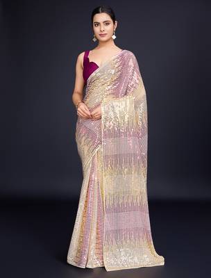 cream Embellished georgette saree with unstitched blouse 2