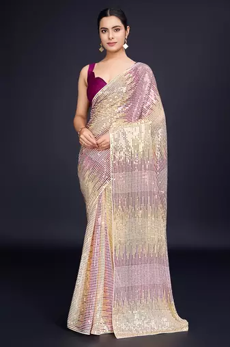 cream Embellished georgette saree with unstitched blouse