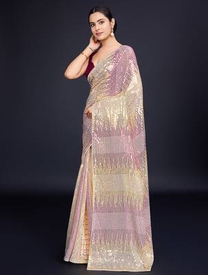 cream Embellished georgette saree with unstitched blouse 3