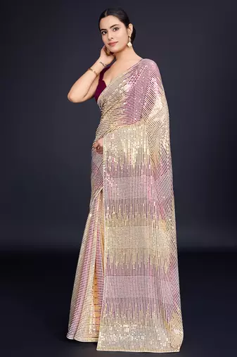 cream Embellished georgette saree with unstitched blouse