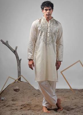 Cream work rolex silk embroidered kurta 1