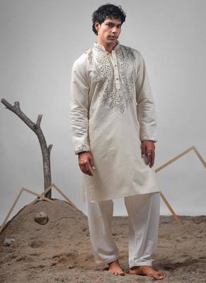 Cream work rolex silk embroidered kurta 2