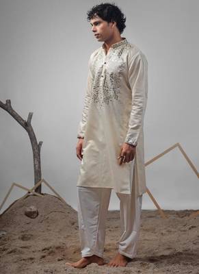 Cream work rolex silk embroidered kurta 3