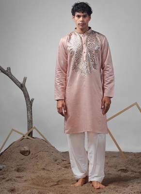 Coral orange work rolex silk embroidered kurta 1