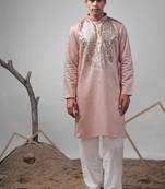 Coral orange work rolex silk embroidered kurta