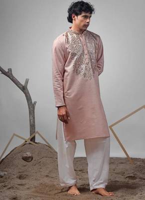 Coral orange work rolex silk embroidered kurta 2