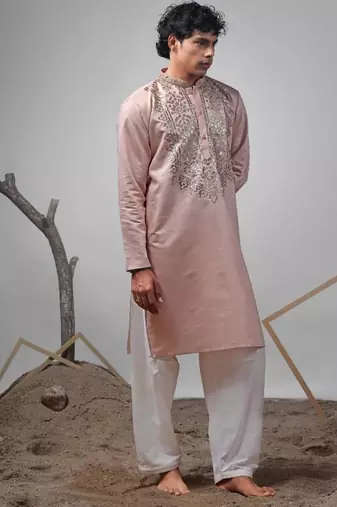 Coral orange work rolex silk embroidered kurta