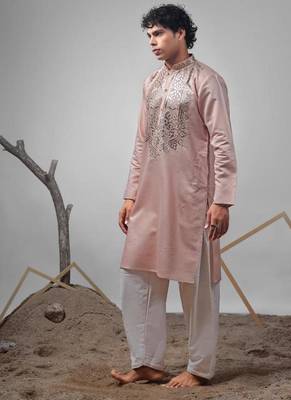 Coral orange work rolex silk embroidered kurta 3