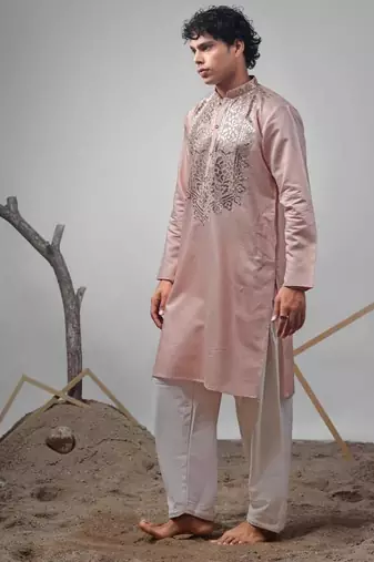 Coral orange work rolex silk embroidered kurta