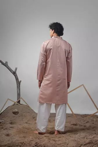 Coral orange work rolex silk embroidered kurta