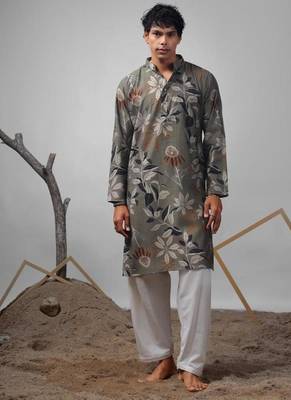 Dusty green work muslin print kurta 1