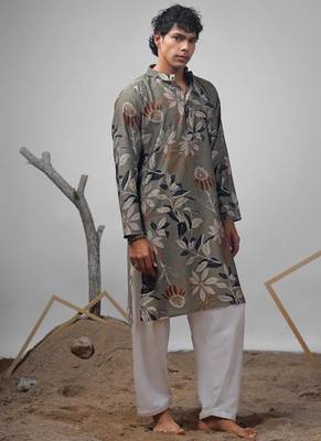 Dusty green work muslin print kurta 2