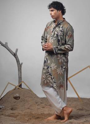 Dusty green work muslin print kurta 3