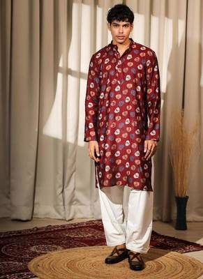 Maroon work modal silk print kurta 1