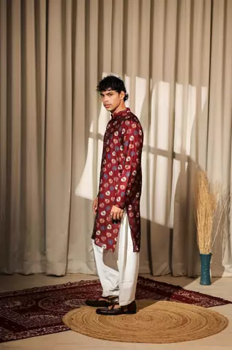 Maroon work modal silk print kurta