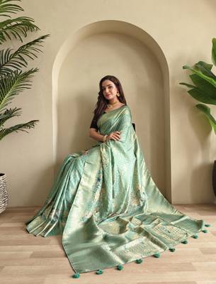sea green Viscose georgette saree with weaving design 1