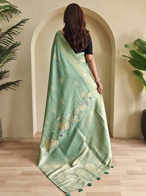sea green Viscose georgette saree with weaving design 5