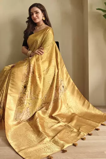 yellow Viscose georgette saree with weaving design