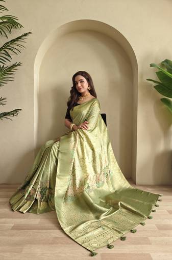 green Viscose georgette saree with weaving design