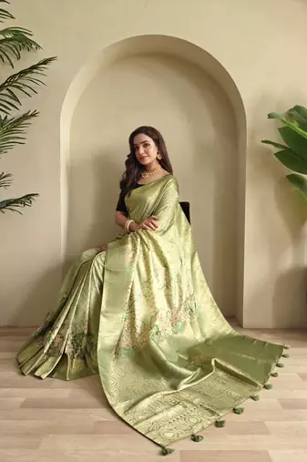 green Viscose georgette saree with weaving design