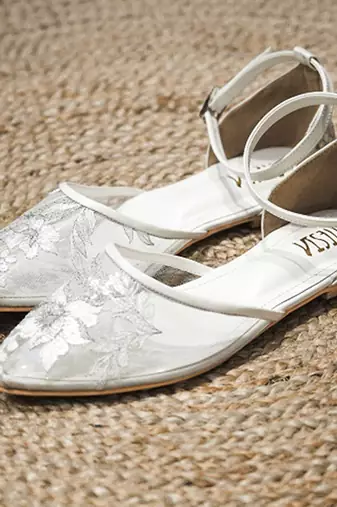 Silver embroidered leather flats