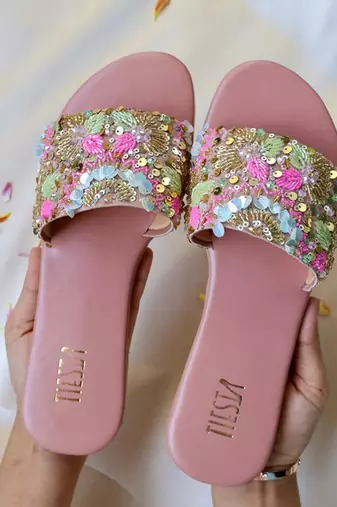 Pink embroidered leather flats