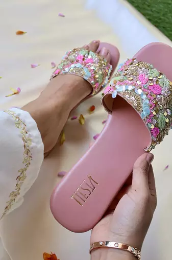 Pink embroidered leather flats